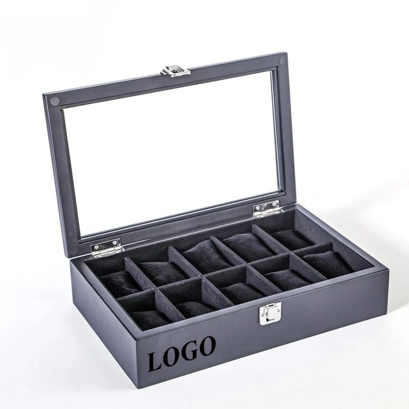 Customized LOGO Elegant Retro Wooden Glass Skylight Watch Jewelry Box Bracelet Ten Grid Display Box Storage Case Gift OEM