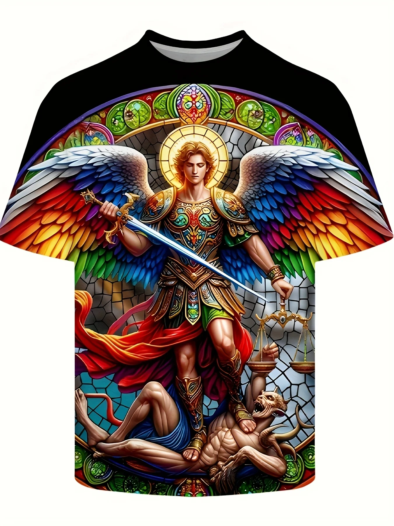 Stained Glass Art Archangel Michael Graphic 3D Printed T‑Shirt  Vintage Vibrant Mosaic Church Art Casual Streetwear Tops for Men
