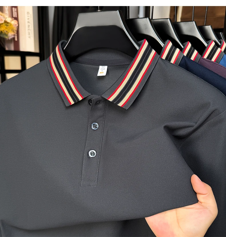 

2025 модная осенняя мужская футболка из чистого хлопка с длинными рукавами, деловая повседневная рубашка-поло с лацканами, топ для папы