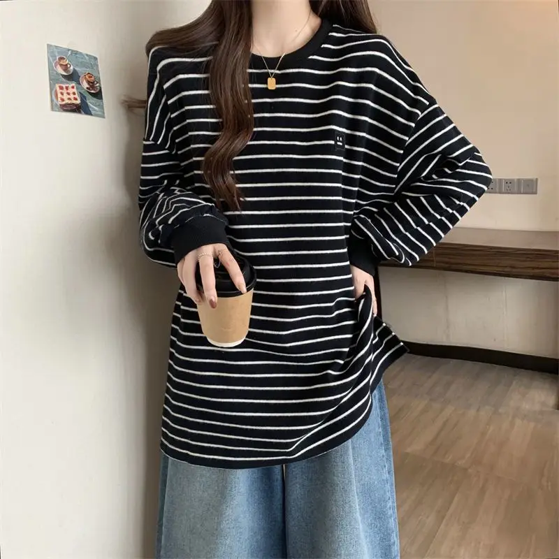 Striped All-match Youth T Shirts Autumn Winter New O-neck Long Sleeve Loose Street Casual Tops Korean Fashion Women Clothing