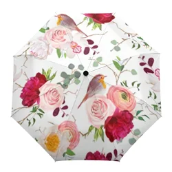 Cute Bird And Rose Automatic Umbrella Portable Folding Sunny and Rainy Umbrella Women Parasol Umbrella