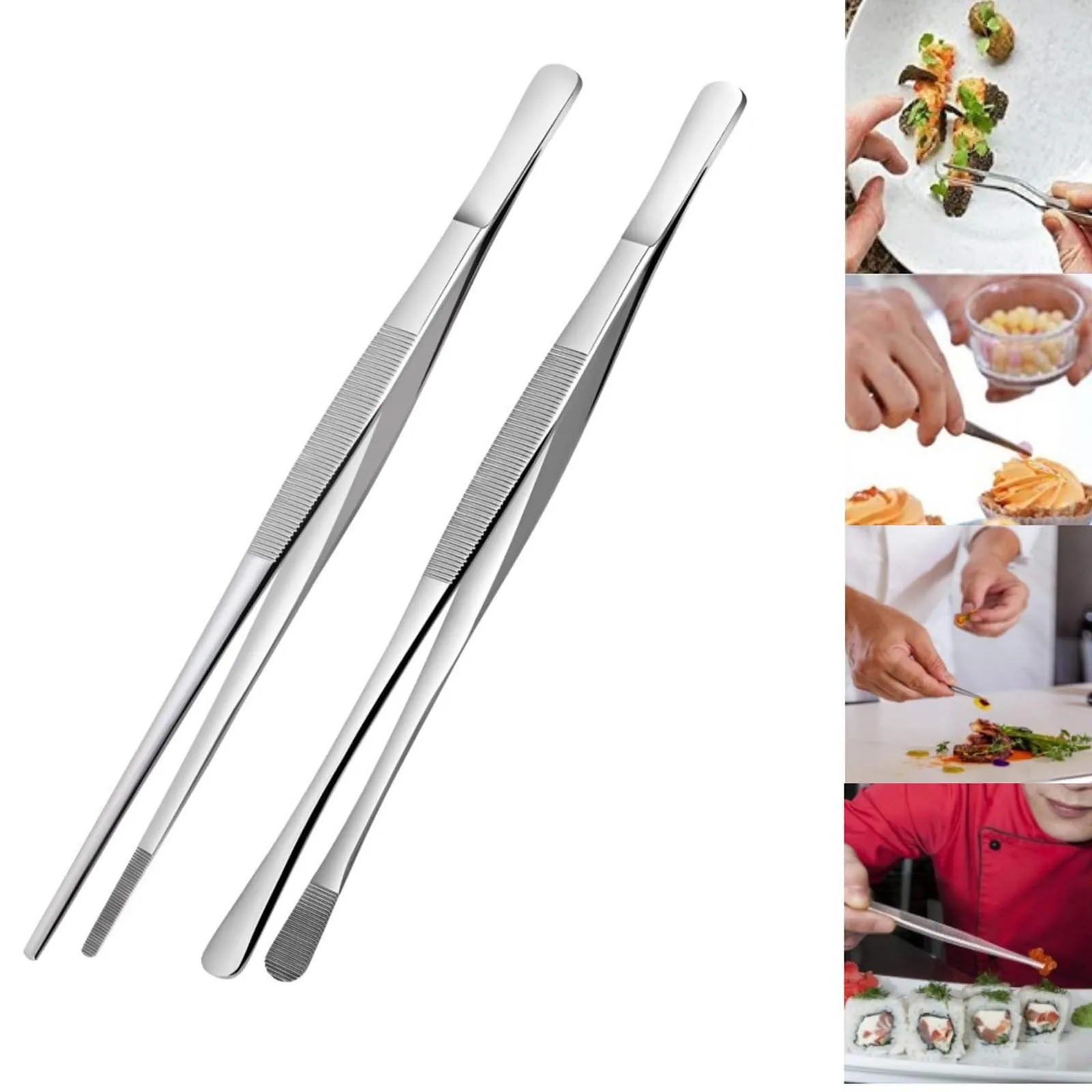 Pack Of 2 30 Cm Cooking Tongs Precision Serrated Tips Stainless Steel Cooking Tweezers Kitchen Tools Extra Long for Deep Fryer