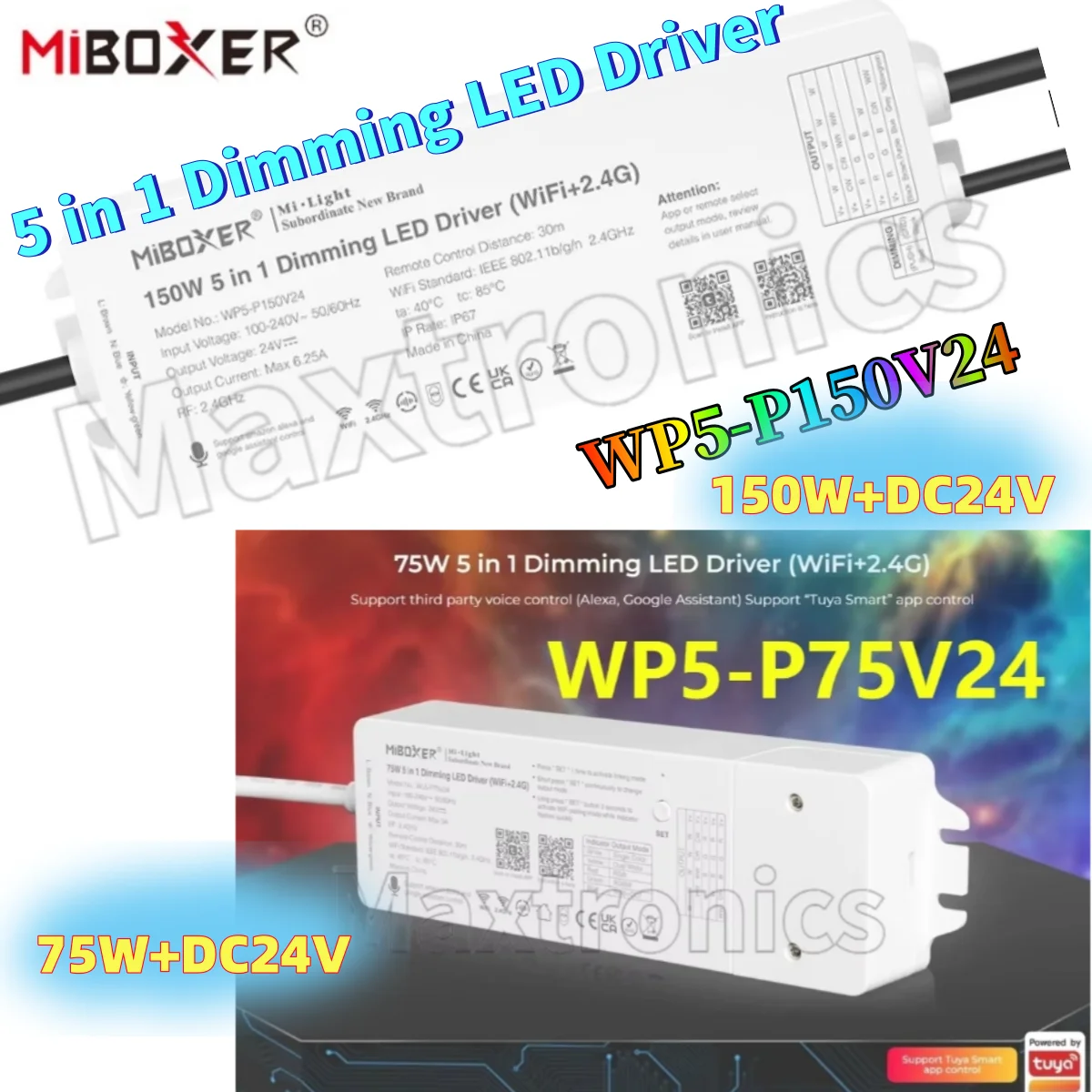 WiFi 2.4G 5 in 1 Dimming LED Driver DC24V 75W/150W Waterproof Wireless RF Control Power Single Color Dual White RGB RGBW RGB+CCT