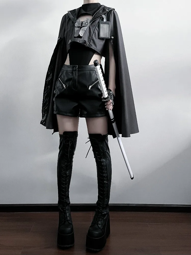 2025 Summer New Lolita Dark Punk Gothic Style Grey Black Long Sleeve Top High Waist Shorts Irregular Tight Tank Top Set