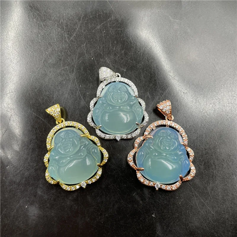 Inlaid Light Blue Chalcedony Agate Maitreya Lake Green Small Buddha Pendant