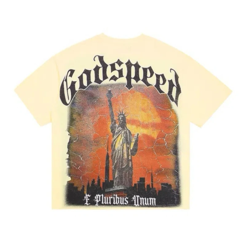 

High Street GOD SPEED Hip-hop Sculpture Print T-shirt Men Women Casual Fashion Tops Tees Loose T Shorts
