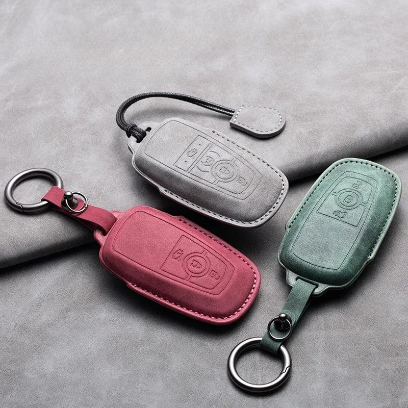 Leather Car Key Case Cover Shell For Ford Fusion Mustang Explorer F150 F250 F350 EcoSport Edge S-MAX Ranger Lincoln Mondeo