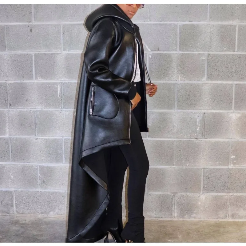 

Осенне-зимняя новая женская одежда, утолщенная куртка-накидка из искусственной кожи с длинными рукавами и капюшоном на шнурке спереди, короткая сзади, длинная накидка