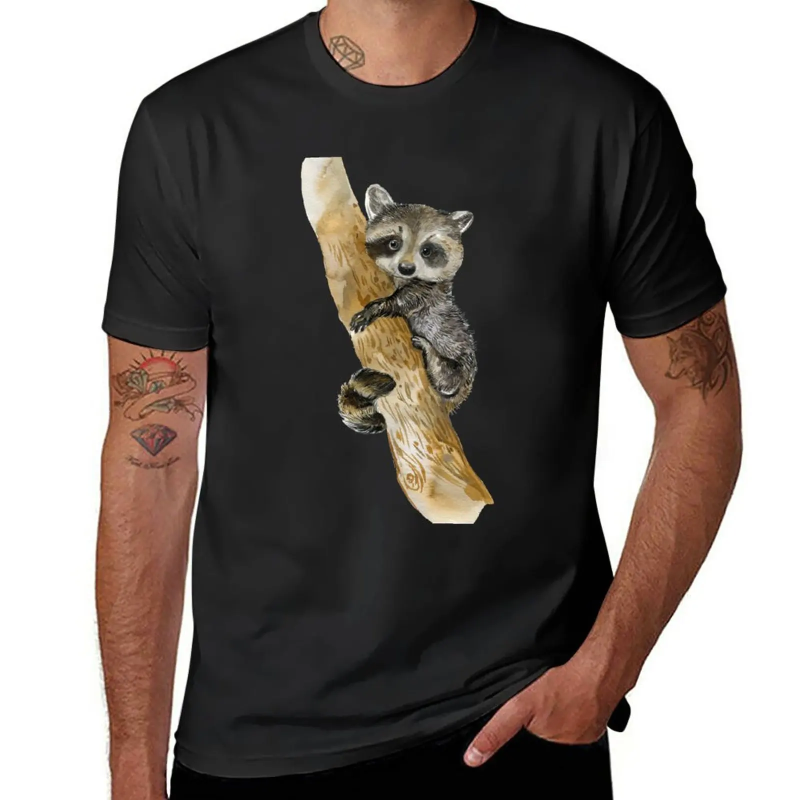 New Baby raccoon in a tree cute design watercolor T-Shirt man clothes Aesthetic clothing T-shirt short mens cotton t shirts