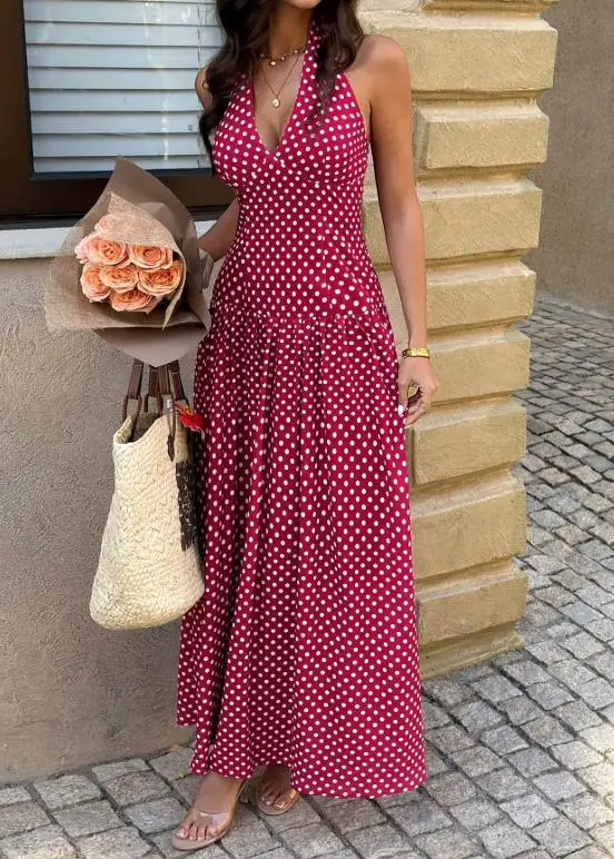 2026 Spring/summer Casual New Fashion Women's Vacation Style Elegant Sexy Hanging Neck Wave Point Waist Dress