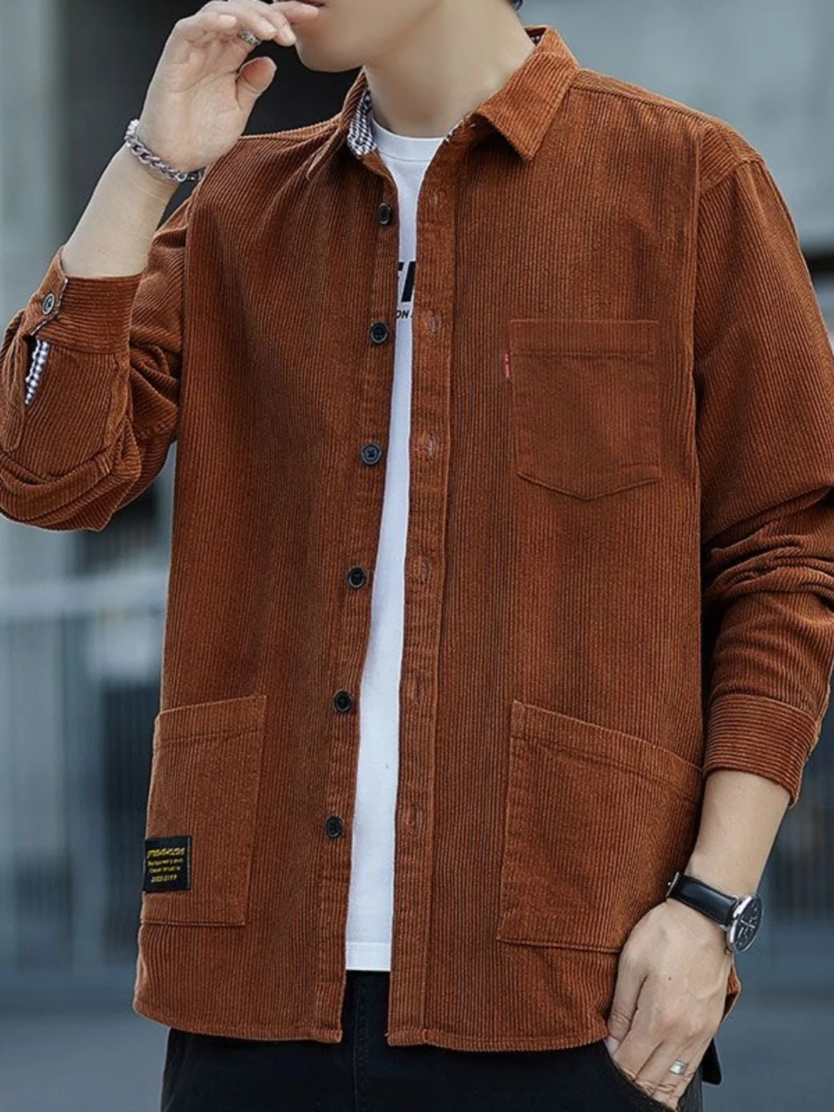 

Corduroy Long Sve irt Men's Spring Autumn New Sle Casual Loose Loose Cool Japanese Retro Top Coat Youth Wear Resistant