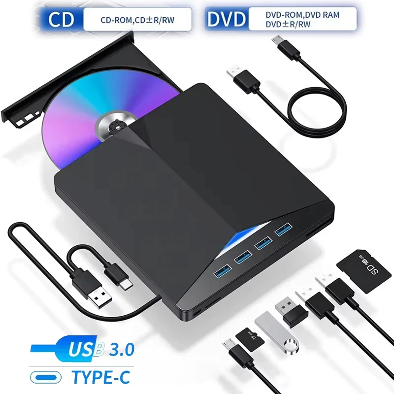 

Портативный оптический привод 7-в-1, DVD-привод USB 3.0 Type-C, внешний RW, привод для записи компакт-дисков, плеер для ноутбука, ПК, ноутбука