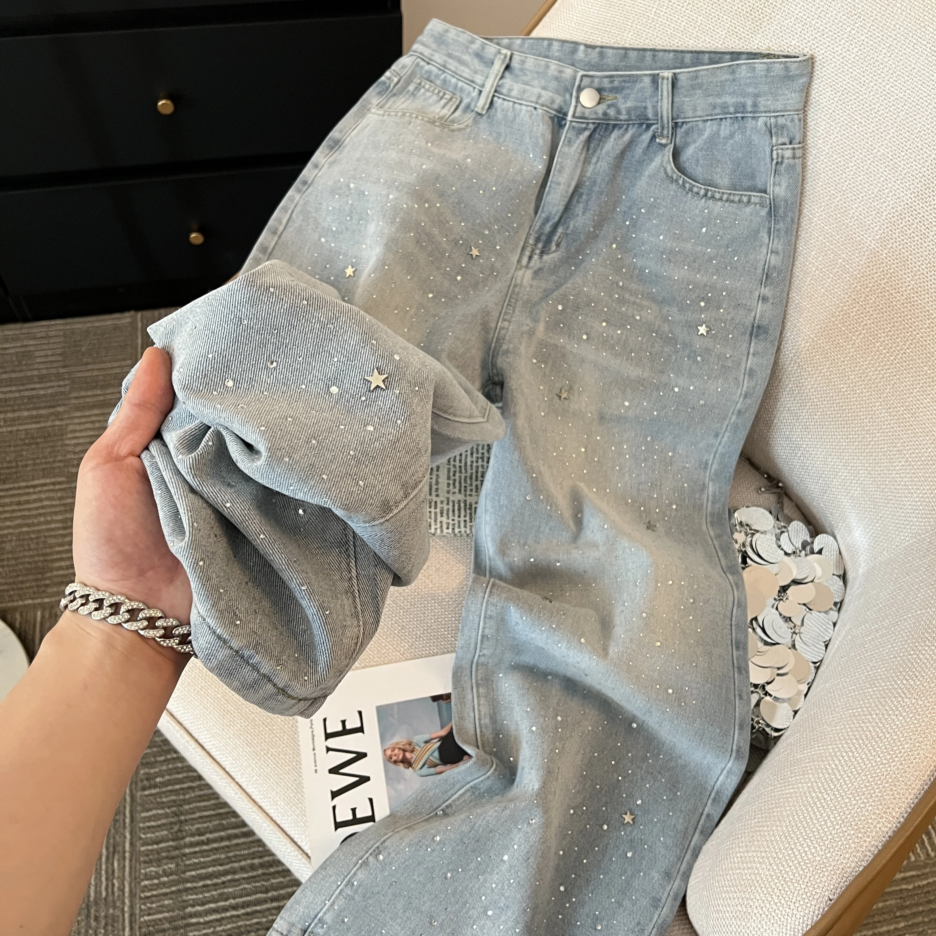 

Spring and Summer Light Blue Temperament Star Hot Diamond Shining High Waist Slim Goddess Wide Legged Cowboy Pants Female