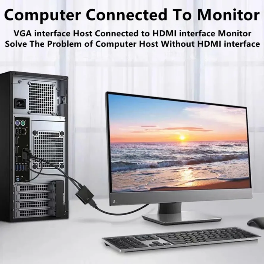 Adapter VGA na HDMI Konwerter 1080P Kabel Adapter VGA (męski) na HDMI (żeński) z wyjściem audio 3.5mm do PC Laptopa HDTV Projektora — zdjęcie produktu 4