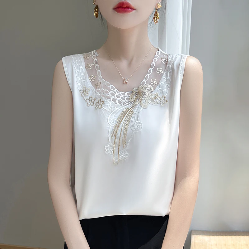 Gilet da donna, fondo con bretelle, top primaverile ed estivo con fondo in seta e girocollo in pizzo, versatile stile ampio in raso di seta senza maniche, fondo alto