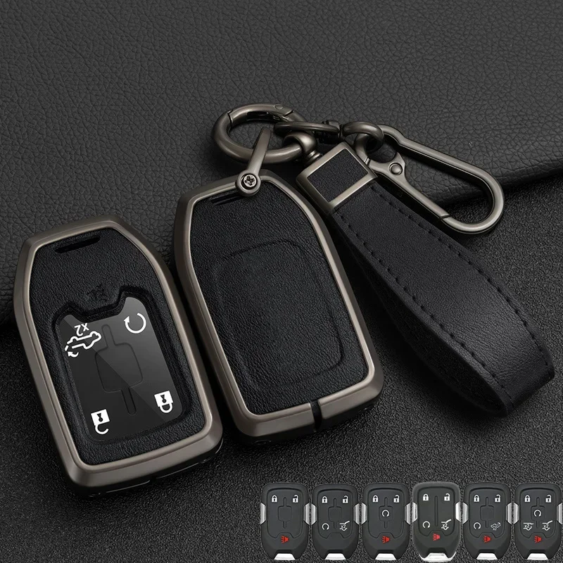 Zinc Alloy+ Leather Car Key Case Cover for Chevrolet Tahoe Silverado Suburban Tahoe GMC Sierra 1500 2500HD 3500HD Terrain Acadia