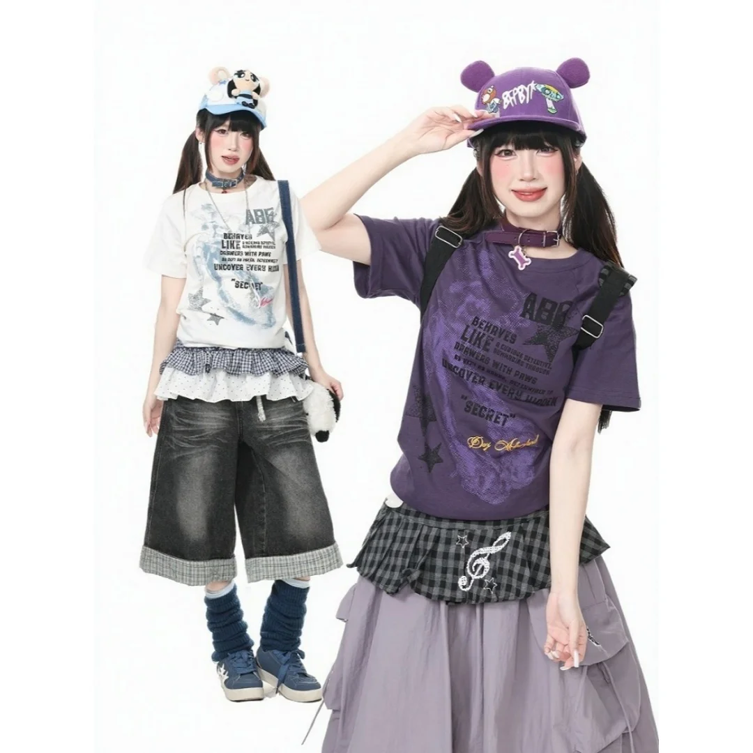 2027 Special Offer Y2K Girls' Retro Vintage Printed T-shirt Loose Sleeve Star Letter Printed Millennium Street Trend Top