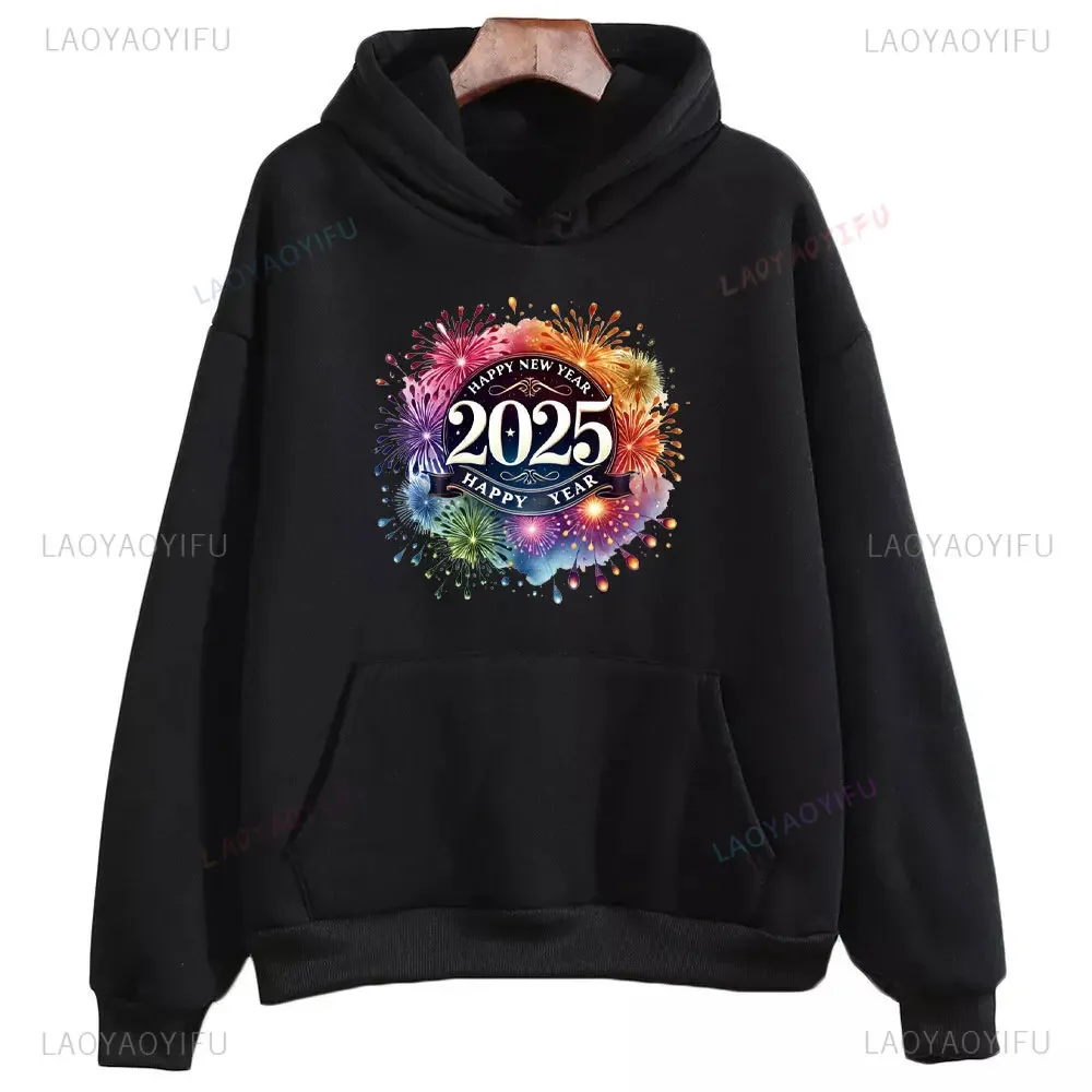 2025 Happy New Year Woman Man Fireworks Printed Sweatshirt Autumn and Winter Drop Shoulder Warm Family New Year Gift Hoodie