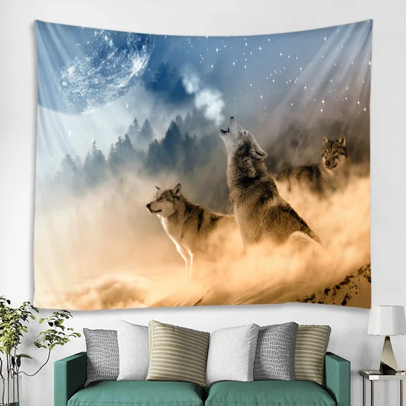 Lion Wolf Tiger Pattern Background Wall Tapestry  Staring Holy Beast  Decorative  Hanging