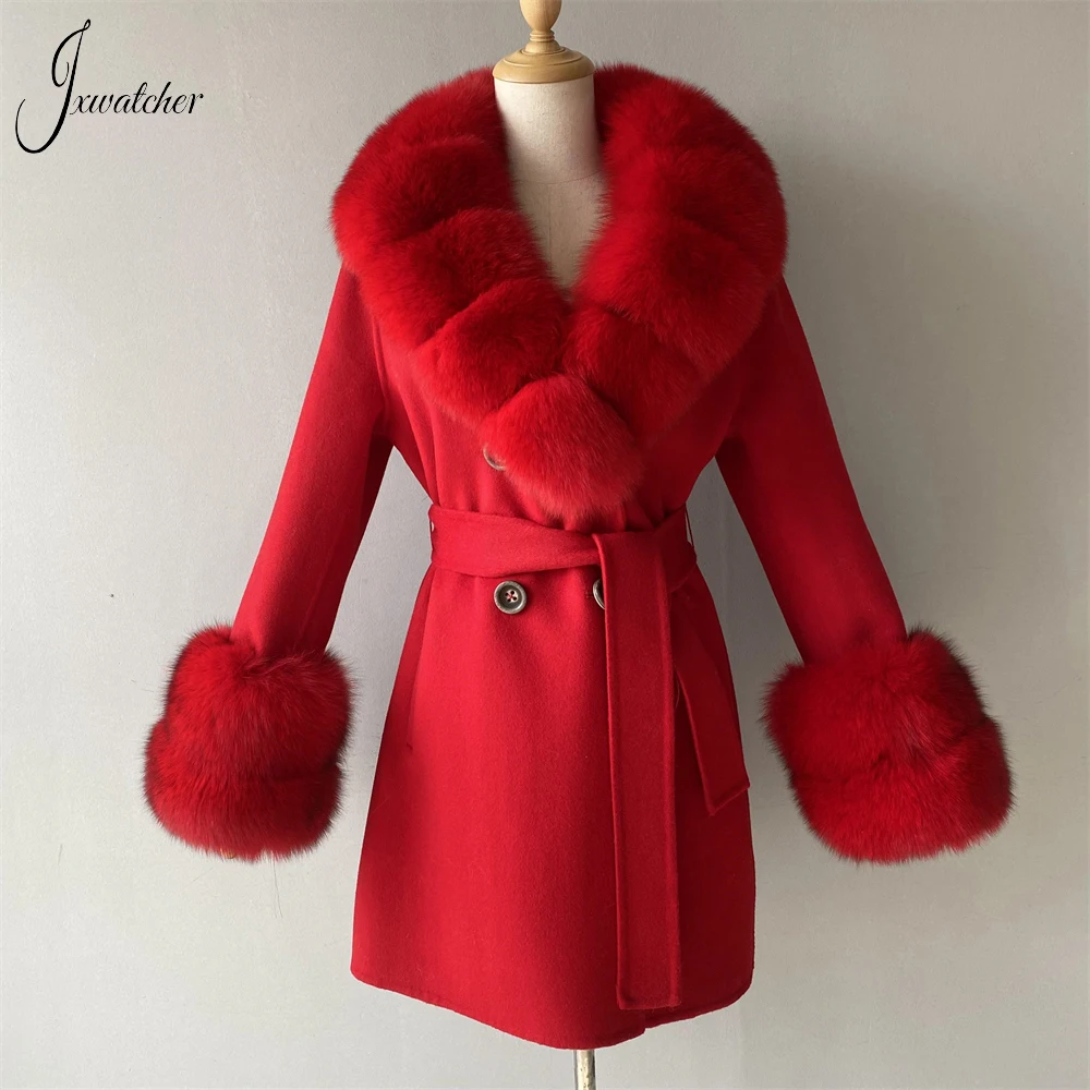 Jxwatcher-abrigos de Cachemira con cuello de piel de zorro Real para mujer, chaqueta de lana de longitud media, abrigo elegante con cinturón de