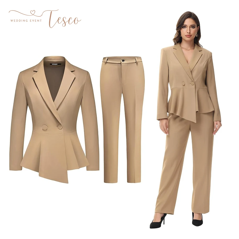 طقم بدلة نسائية مخصص من Tesco مكون من قطعتين سترة مكشكشة مع بنطلون طقم بدلة نسائية غير رسمية للأعمال بأكمام طويلة #1