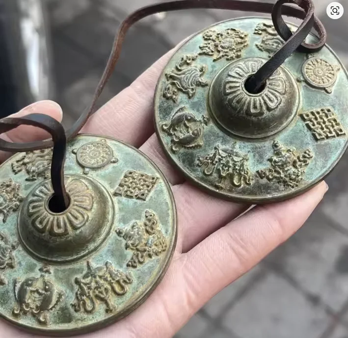 Antique Tibetan Auspicious Symbols Cymbals Sanskrit Chime Bells Meditation Gong for Spiritual Healing Mindfulness Buddhist