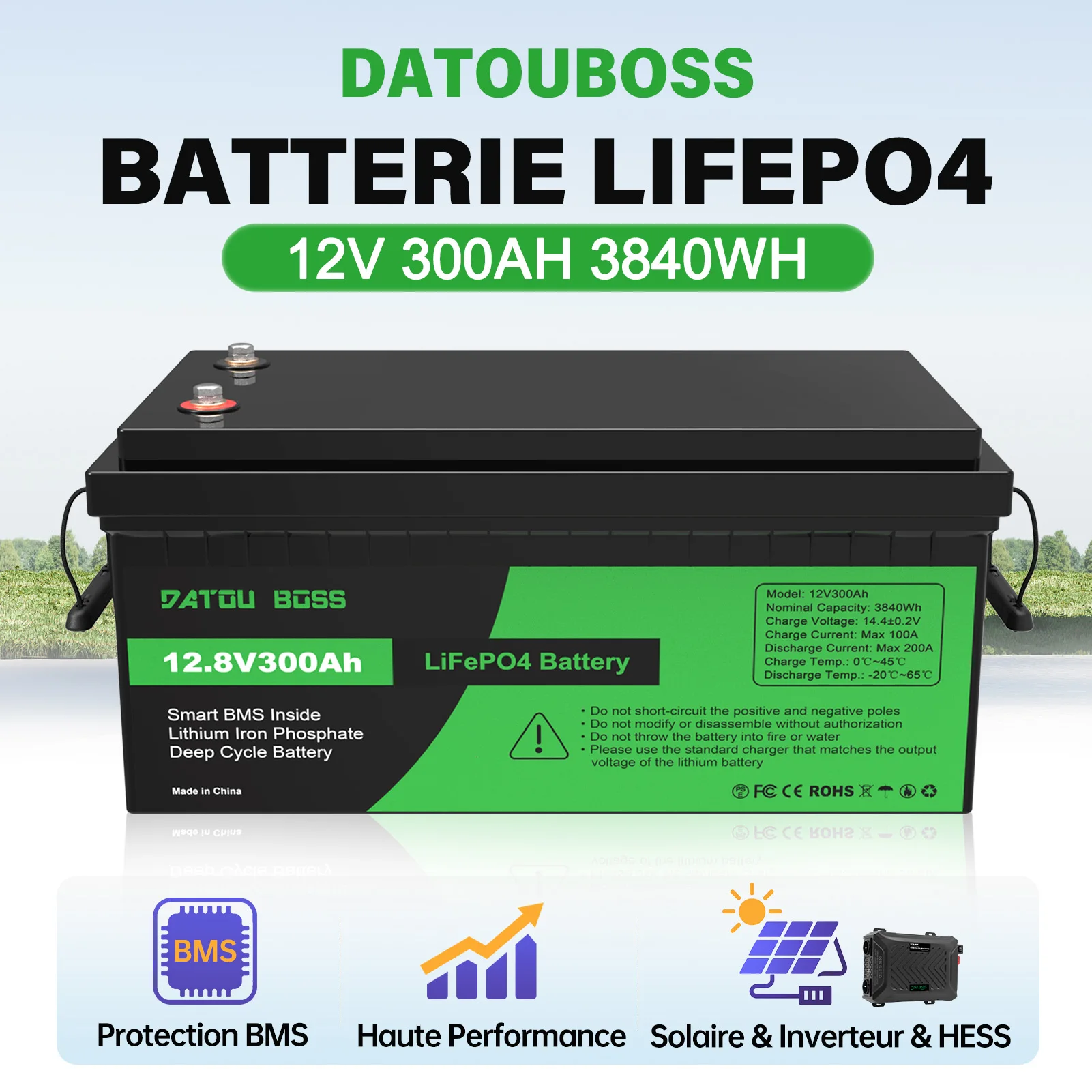 Batterie LiFePO4 à cycle profond Datouboss 12V 300Ah avec BMS intégré, haute performance pour solaire, onduleur, HESS, 3840Wh