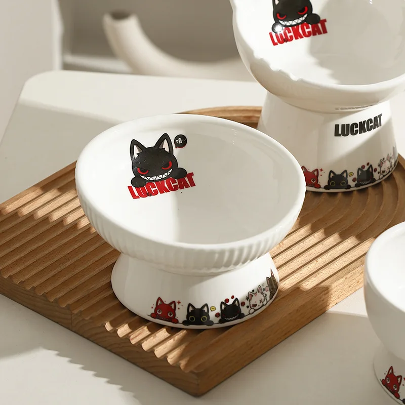 Luckcat Cat Bowl Ceramic Protective Cervical Spine Drinking Bowl Cute Oblique Mouth Anti-Tumble Pet Rice Bowl Cat Food Basin