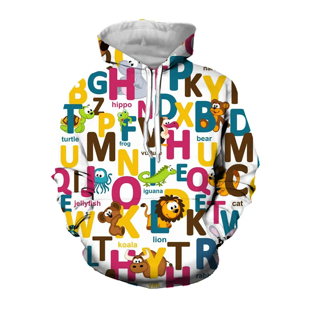 

Jumeast 3D Alphabet Printed Men Hoodies Cottagecore Youthful Vitality Cartoon Animal Graphic Hoody Y2K Aesthetic Kawaii Clothing