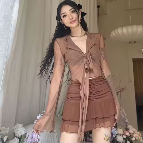 Long Flare Sleeve Blouses for Women Lace-up Mesh Sexy Sweet Hot Girls Korean Fashion Style All-match Solid Design Elegant Casual - Image 7