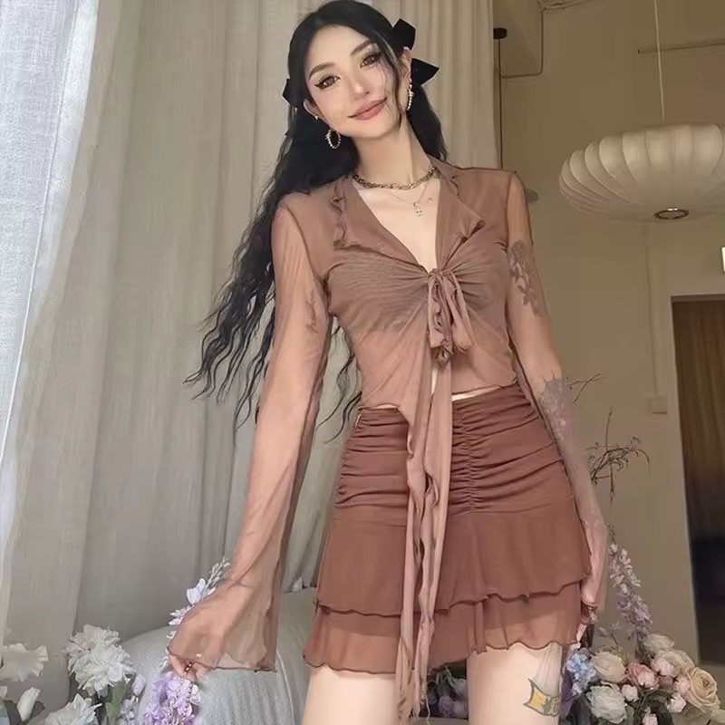 Long Flare Sleeve Blouses for Women Lace-up Mesh Sexy Sweet Hot Girls Korean Fashion Style All-match Solid Design Elegant Casual - Image 7