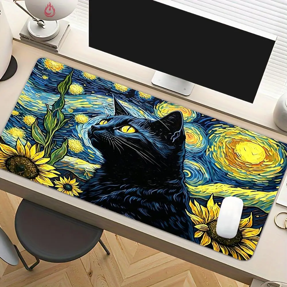 Artistic Starry Sky and Cat Mouse Pad Desk Mat Large Office Carpet XXL Mousepad Gamer Gaming PC Accessories Keyboard Rug