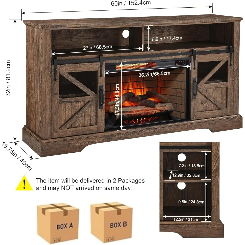 Soporte para TV con chimenea eléctrica de 60 pulgadas, centro de entretenimiento con control remoto, consola de madera para TV con función de chimenea moderna