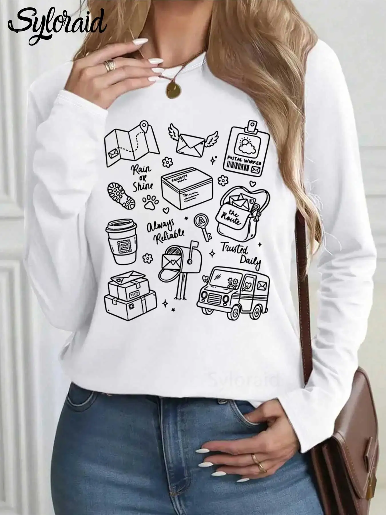 تي شيرت نسائي بأكمام طويلة، تي شيرت عمال البريد، قميص حامل البريد، قميص كاجوال برقبة دائرية #1