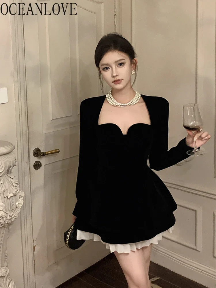 OCEANLOVE Festa di compleanno Abiti neri Donna Collo quadrato Stile francese Vintage Veatidos Mujer Moda Mini abito sexy a trapezio