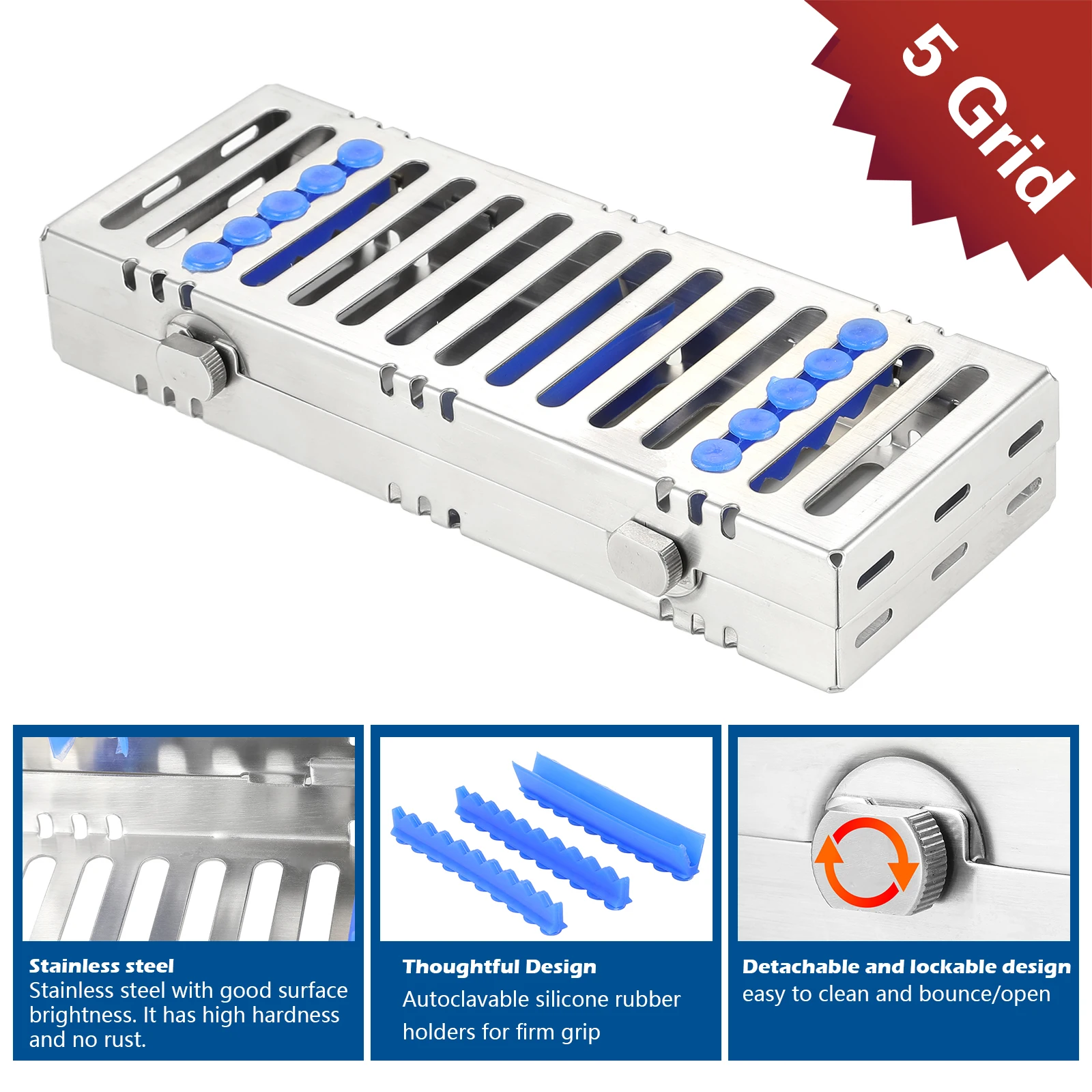 

5 Instruments Dental Surgical Sterilization Box Autoclave Cassette Tray Stainless Dental Cassette File Burs Disinfection Tray