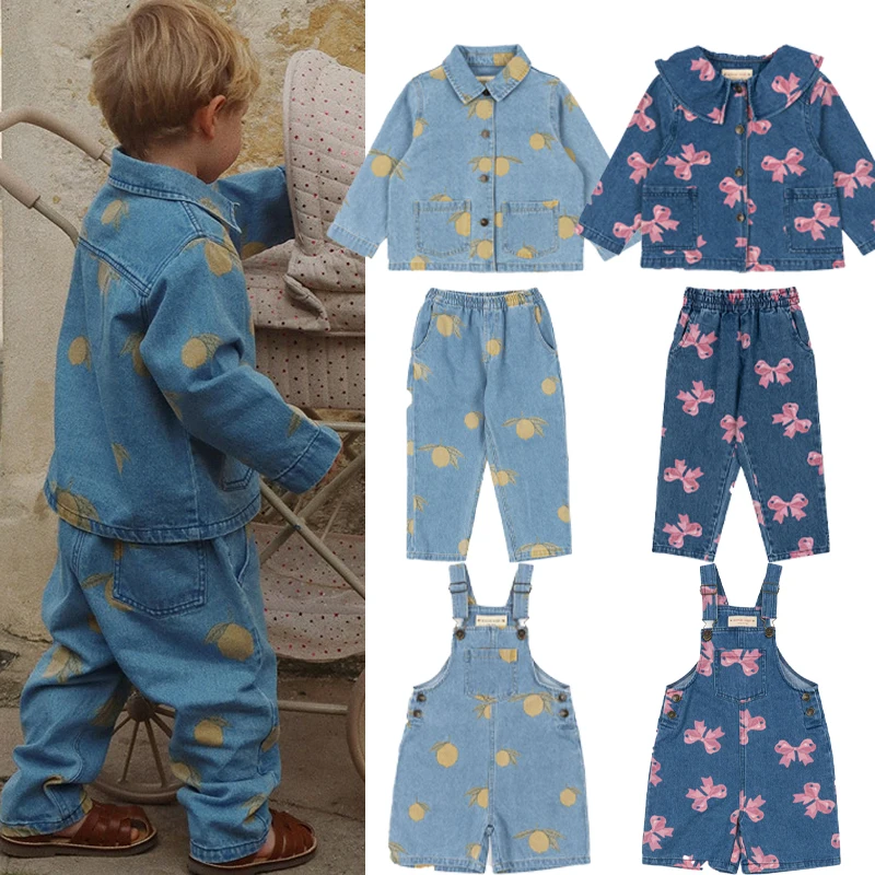 

Children's Clothing Set 2025 New Spring Summer Boys' Printed Denim Jacket and Pants Set Girl's Printed Casual Dress