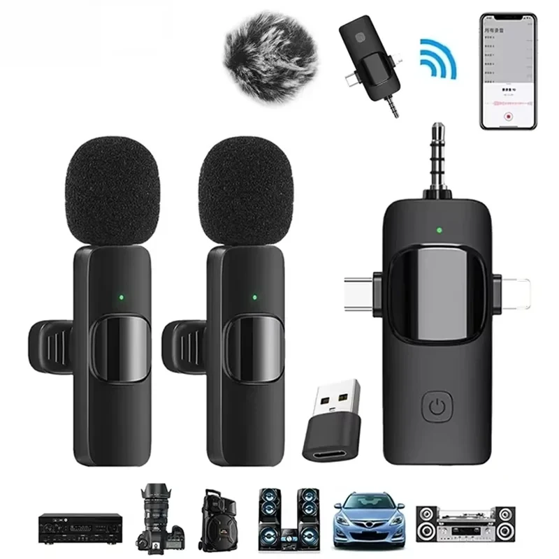 Professional 4in1 Wireless Lavalier Microphone for iPhone Android 3.5mm for Live Recording Noise Cancelling Mini Microphon