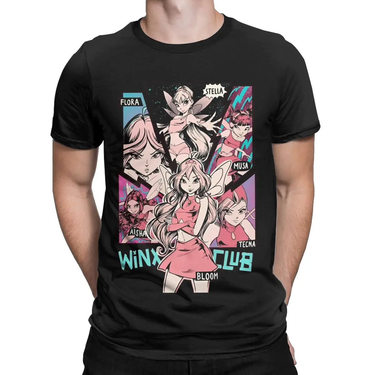 Vintage W-Winx Clubs Cartoon T-Shirts Men Crewneck 100% Cotton T Shirt Fairy Beauty Anime Short Sleeve Tee Shirt Original Tops