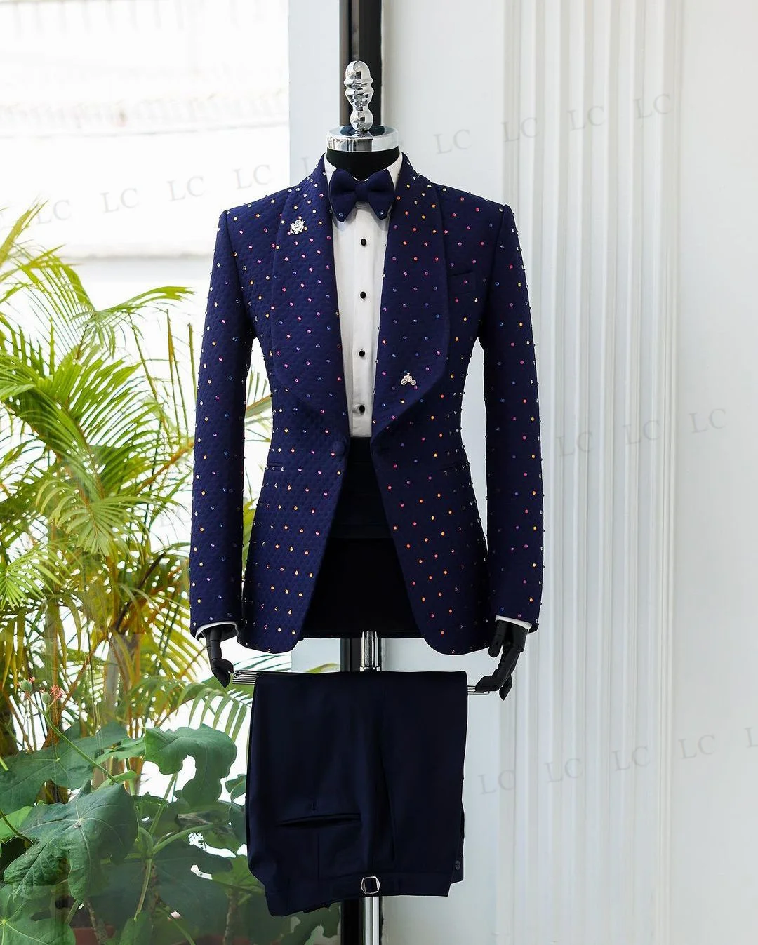 Crystally Navy trajes de novio de diamantes para hombres, Blazer de 2 piezas, pantalones, esmoquin de un botón, ropa de trabajo Formal, talla