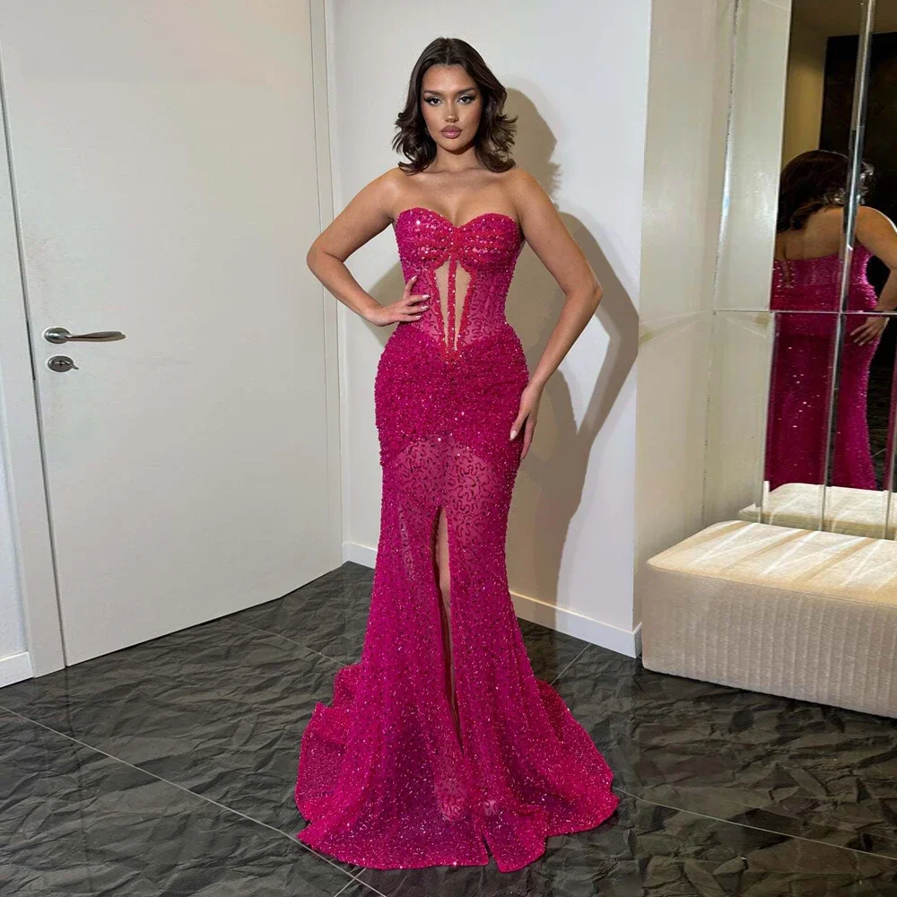 

Enchanting Sweetheart Sparkling Mermaid Evening Dress Lace Tulle Sleeveless Ball Dress Split Floor Towing Tank Top Custom