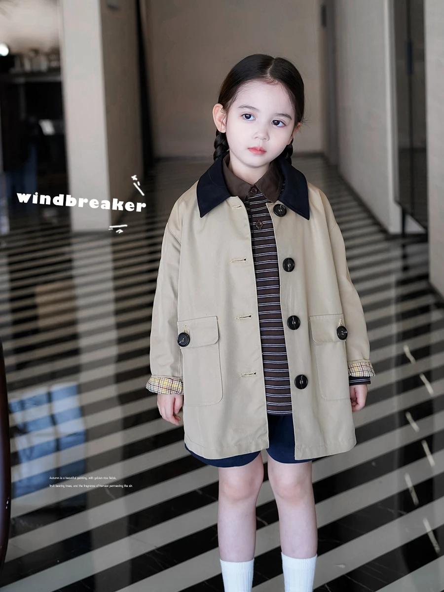 anniegirl-autumn-new-children's-casual-sle-windbreaker-girls-loose-versatile-mid-length-jaet-cotton-polyester-material