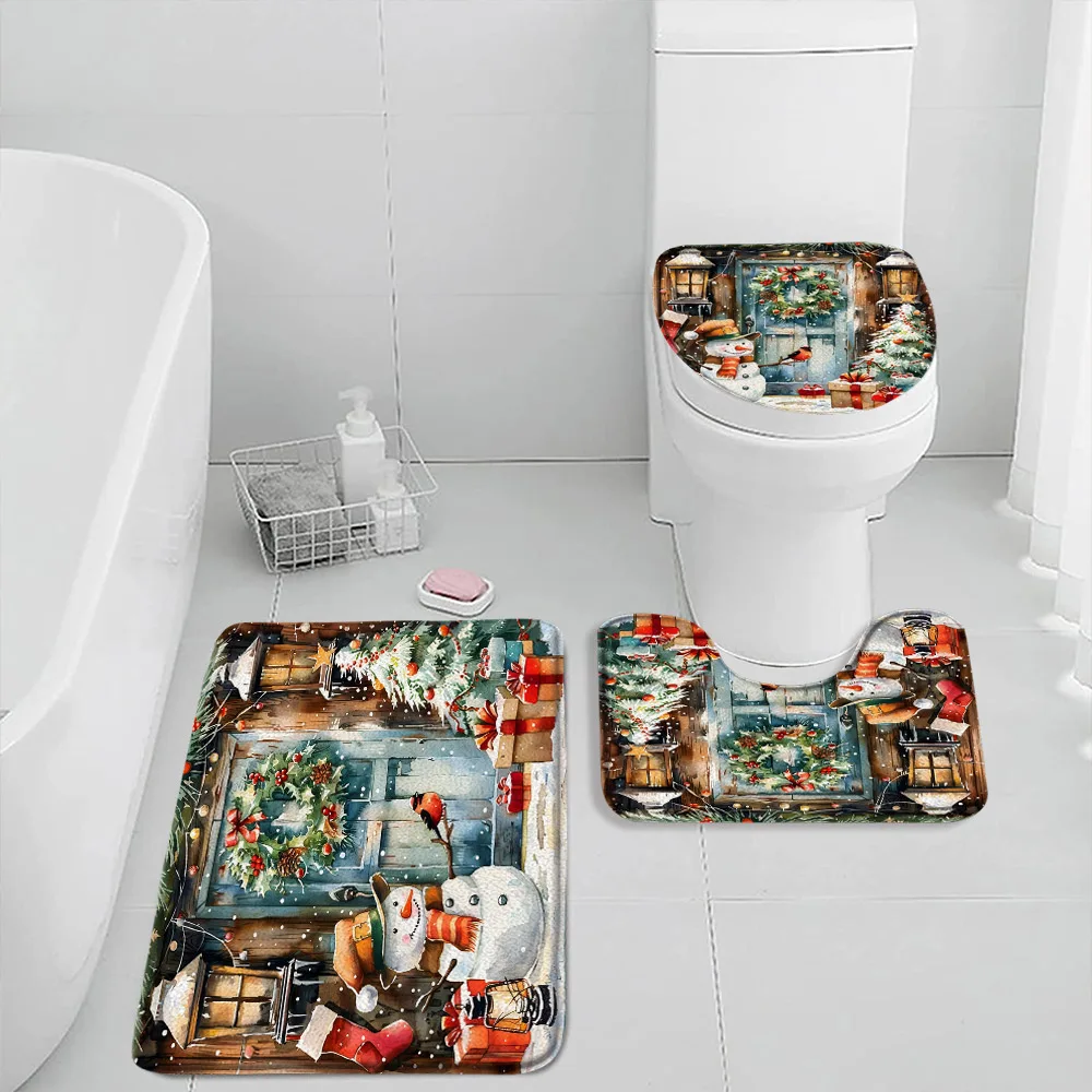 Christmas Snowman Bath Mat Set Winter Holiday Snow Forest Pine Tree Xmas Gifts Bath Decor Flannel Home Carpet Toilet Lid Cover