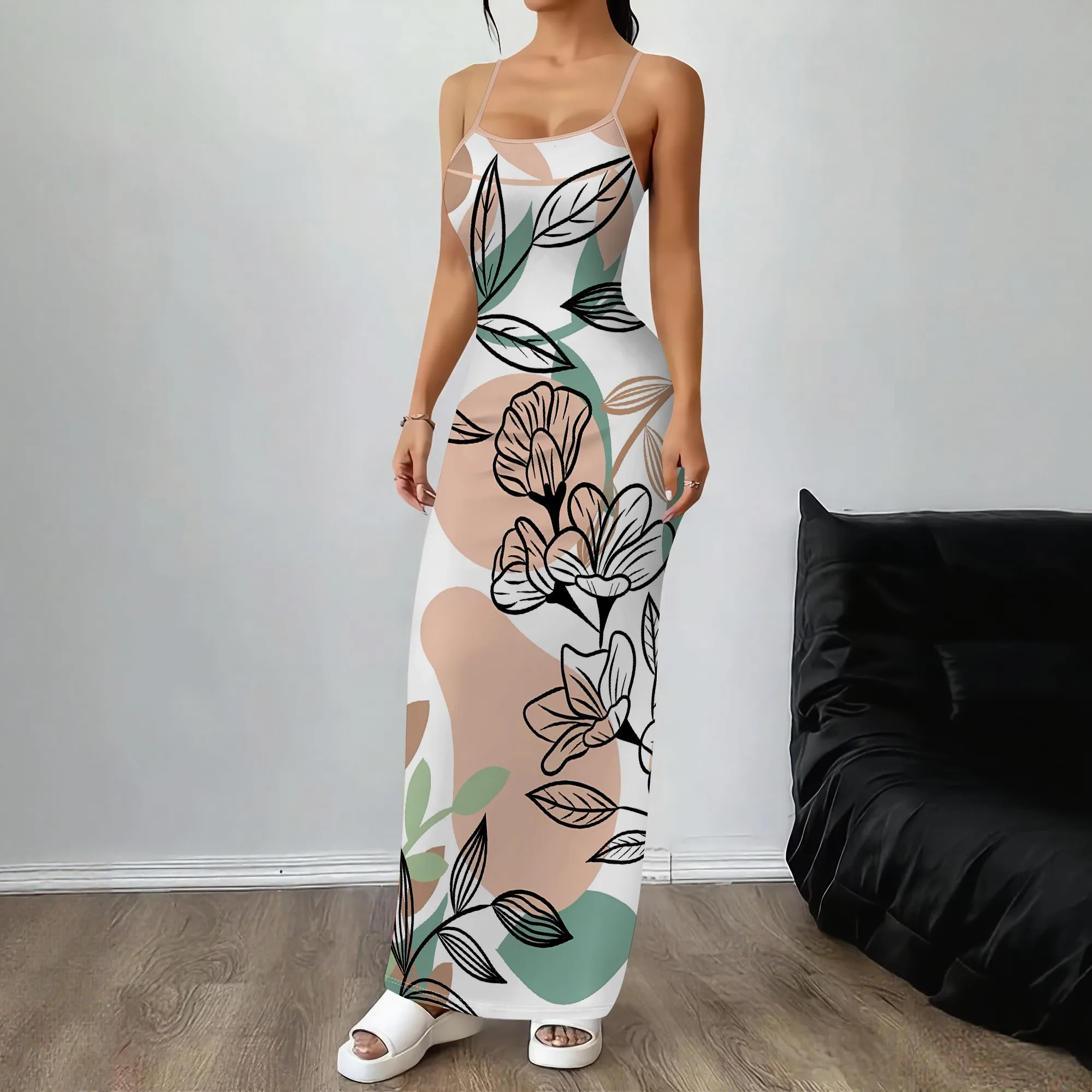 

Nupusa Floral Leaf Print Dress for Women Regular Size Summer Casual Spaghetti Strap Maxi Dress