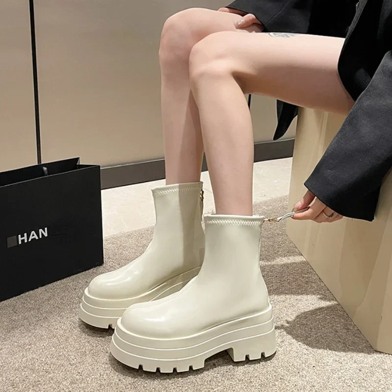 Platform Ankle Boots Women New 2024 Thick Bottom Fashion Short Boot Rounded Head Zipper Black Luxury Chunky Chelsea Boots Female