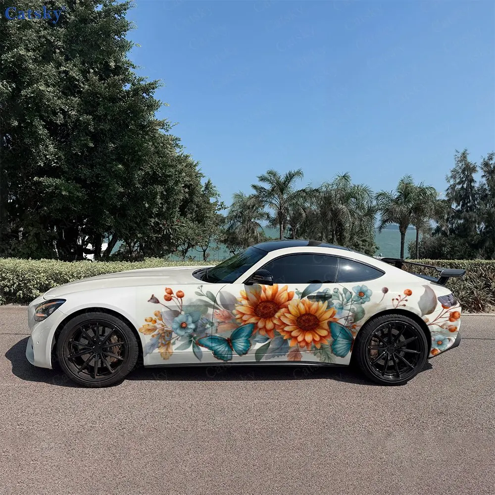 2pcs Floral Cluster Sheer Butterfly Car Side Wraps, Self-Adhesive PVC Waterproof & Scratch-Resistant Sticker, Car Accessory Gift