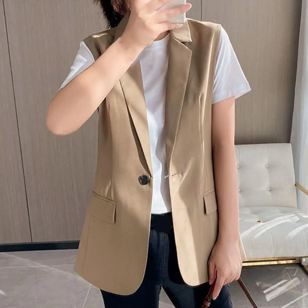 

VOLALO Pockets Women Fashion Single Button Office Wear Blazer Waistcoat Vintage Sleeveless Side Vents Female Vest Coat