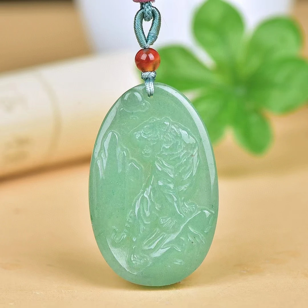 Aventurine Jade Fortune Zodiac Tiger Pendant Natural Green Stone Necklace Pendants Men Women Mascot Charms Amulet Jewelry