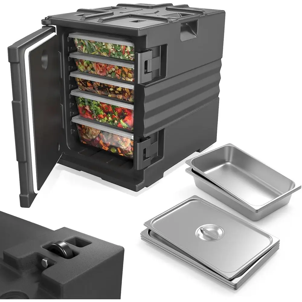 82 QT Food Warmer, Catering Food Warmers Insulated Food Pan Carrier w/4 NSF Full-Size Pans Wheels Double Buckles and Handles, St