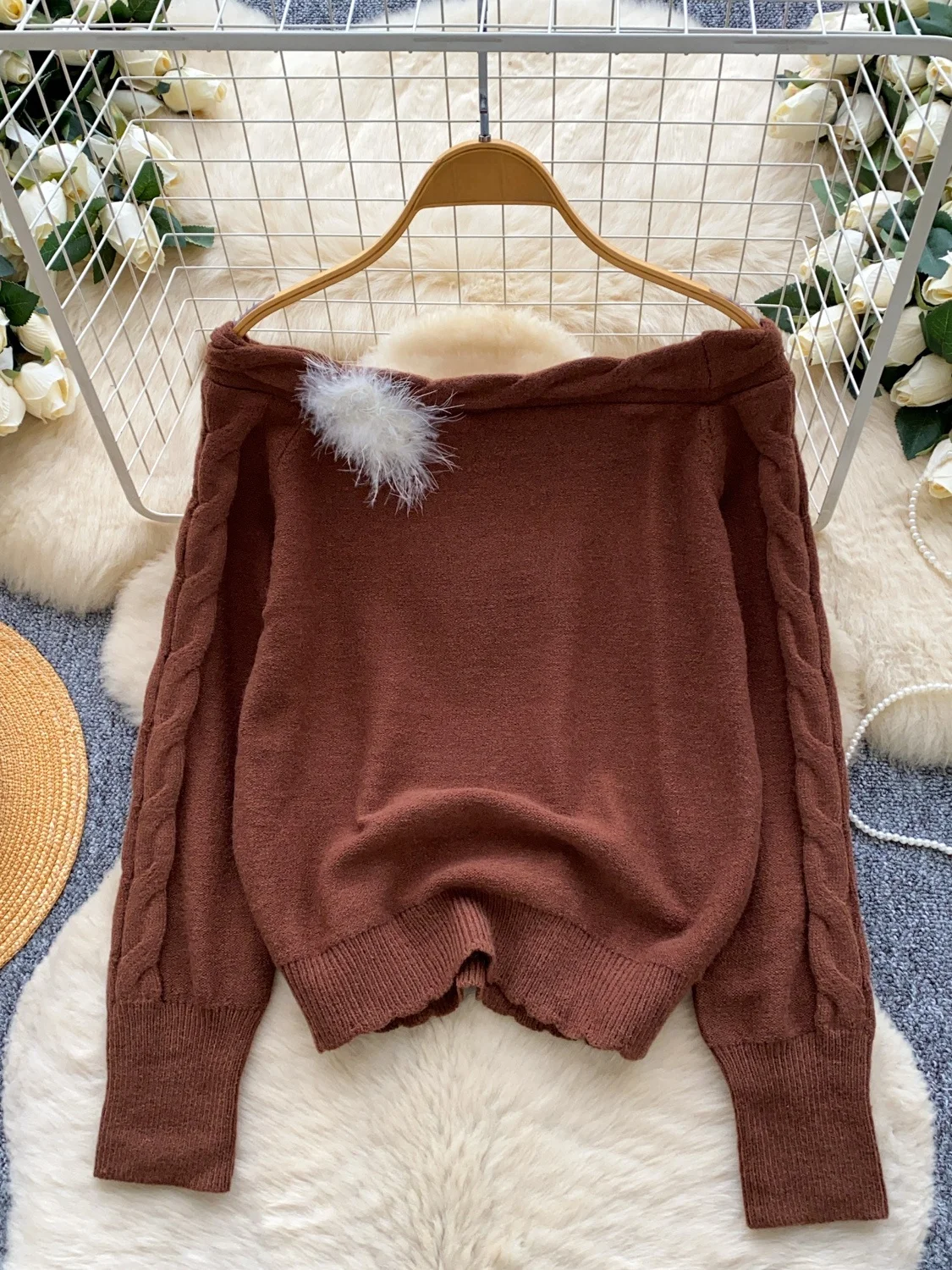 

Casual Versatile Knitted Sweater Women's Autumn Winter Long Sve One-oulder Furry Patchwork Comfortable Leisure Faionab...